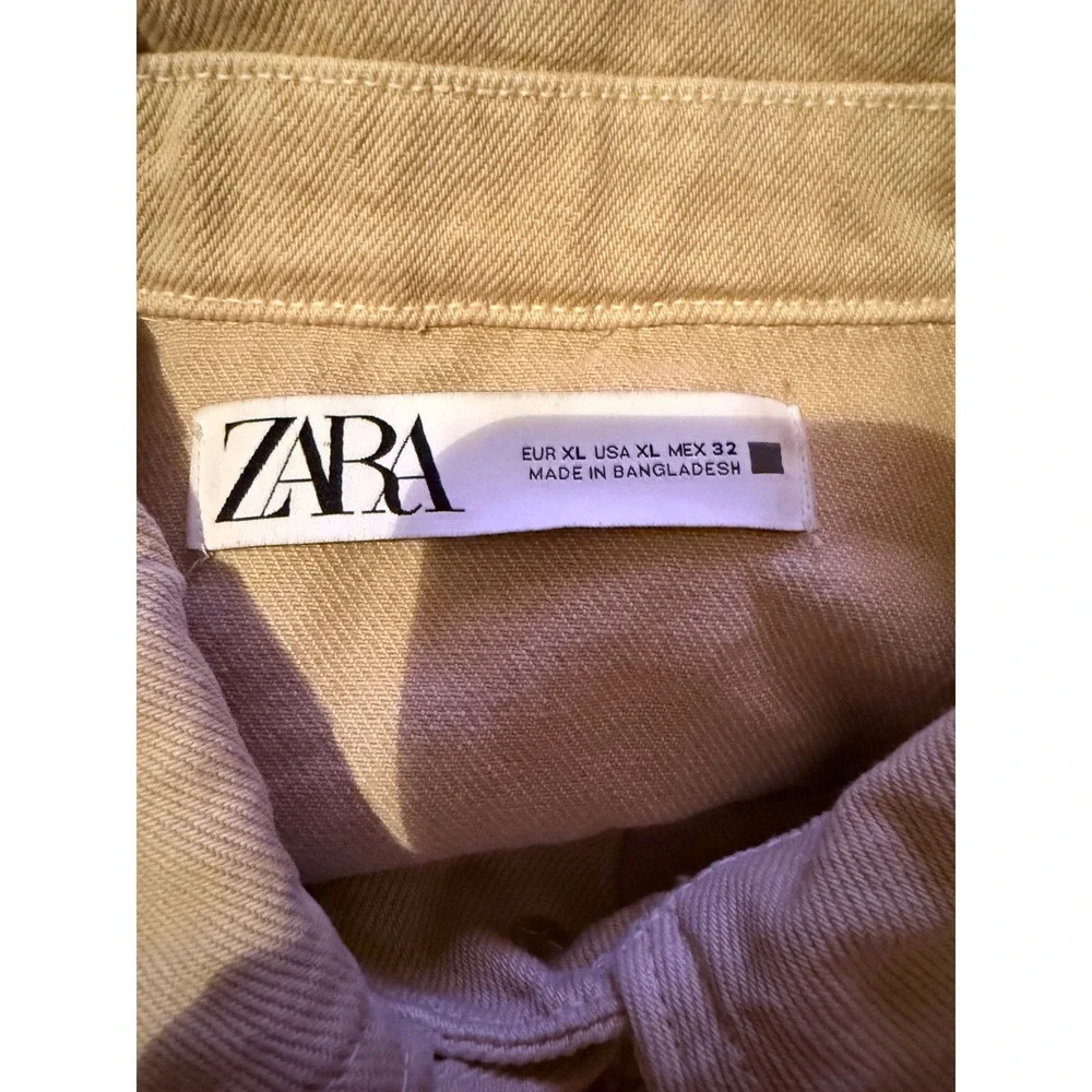 Zara Cropped Denim Jacket Womens XL Tan‎ Raw Hem Boxy Utility Button Front